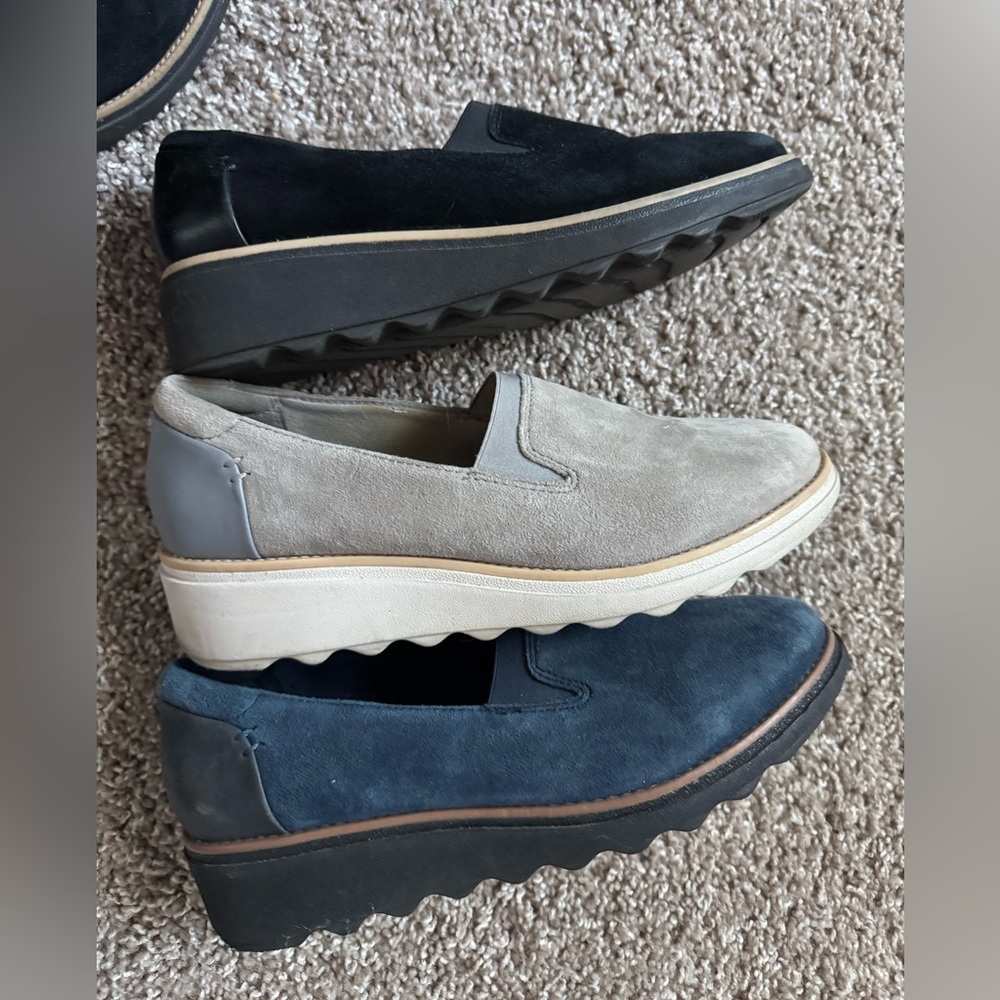 Clarks women Slip-on loafer Shoes - Black, Gray, Blue all 3 pairs 7.5